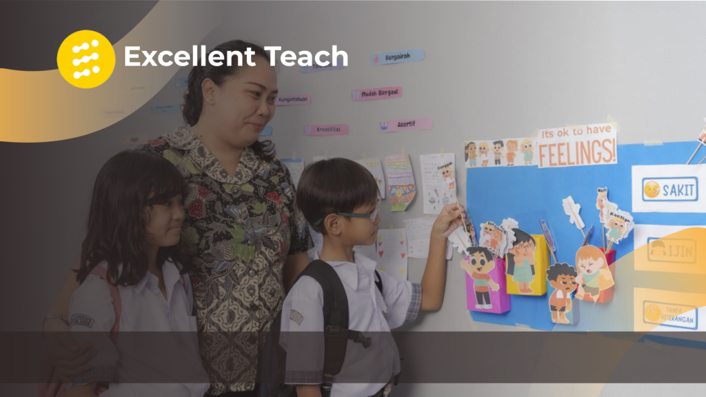 Guru mendampingi dua siswa dalam kegiatan Social Emotional Learning untuk mengenali dan memahami berbagai emosi di kelas.