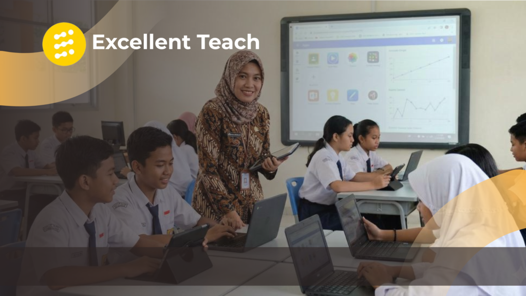 Guru mendampingi siswa menggunakan laptop dan tablet dalam pembelajaran berbasis teknologi di kelas.