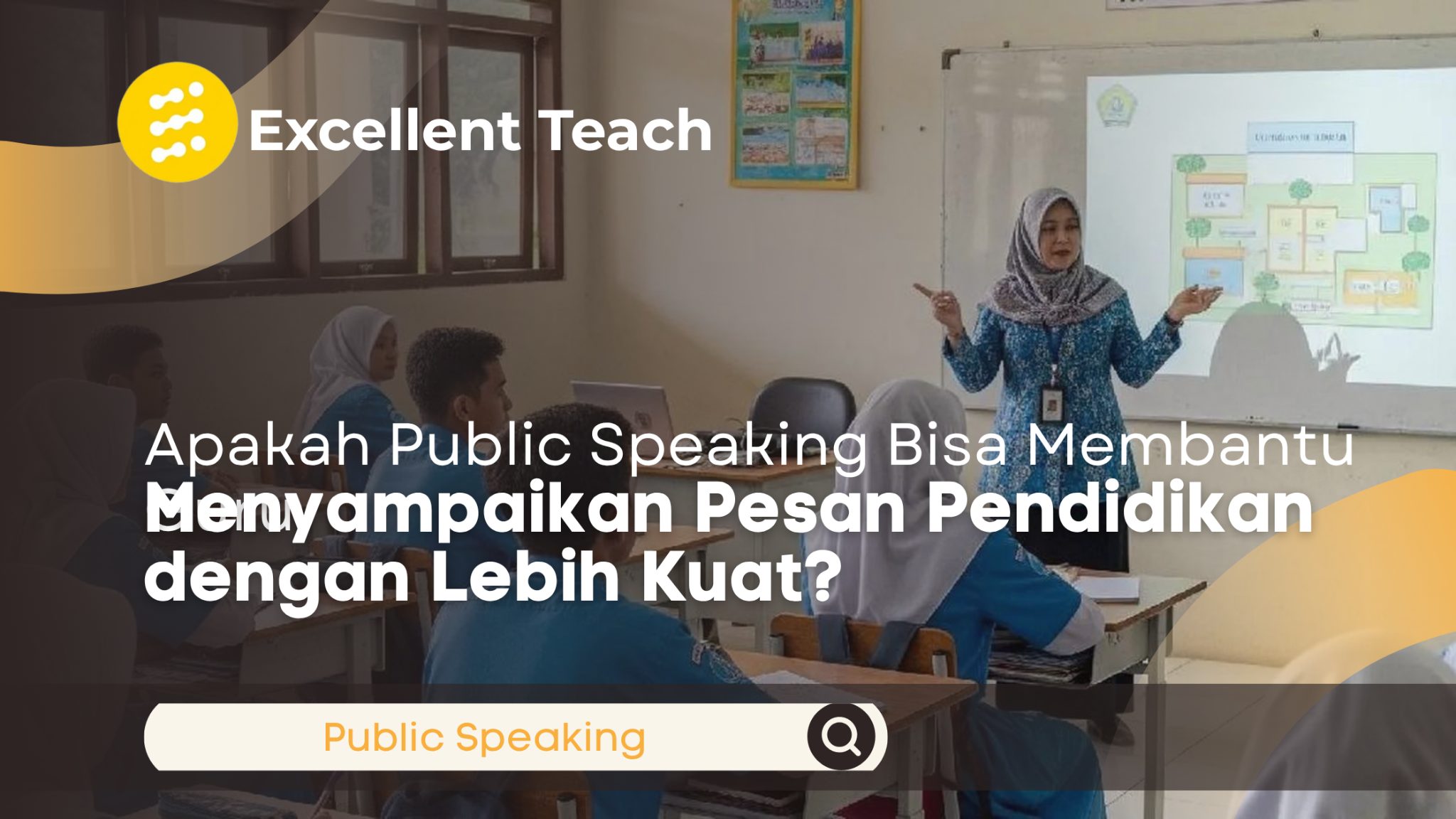 Guru sedang melakukan presentasi dan menyampaikan materi pendidikan kepada siswa di dalam kelas.