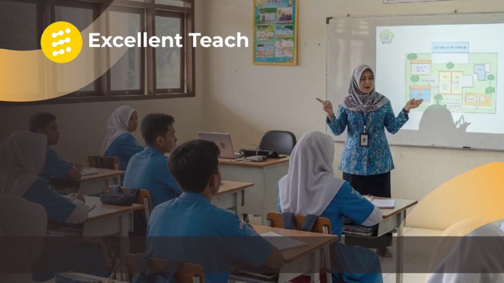 Guru sedang menjelaskan materi kepada siswa melalui presentasi di dalam kelas.