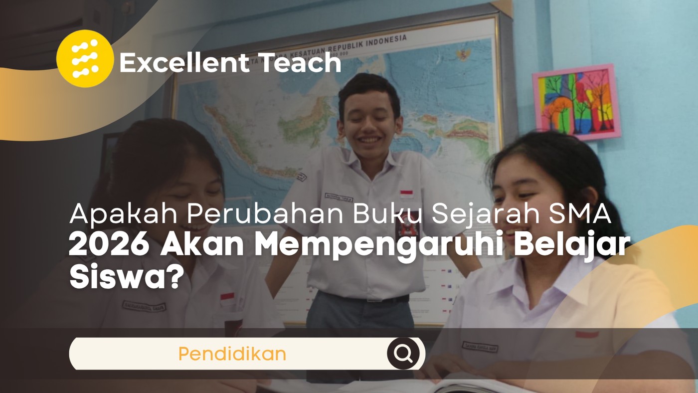 Siswa SMA Indonesia belajar sejarah bersama teman di kelas dengan latar peta Indonesia.