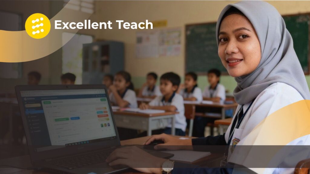Guru menggunakan laptop untuk mengolah dan menganalisis data siswa di kelas.