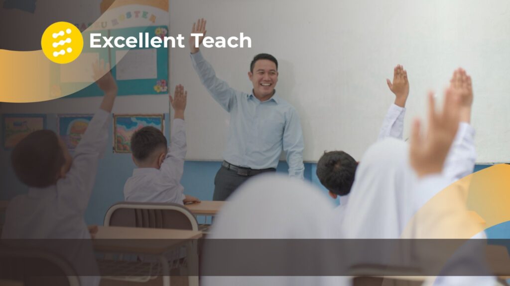Guru dan siswa aktif berinteraksi dalam pembelajaran di kelas dengan beberapa siswa mengangkat tangan.