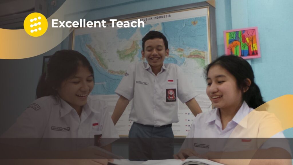 Tiga siswa SMA Indonesia belajar bersama di kelas dengan latar peta Indonesia.