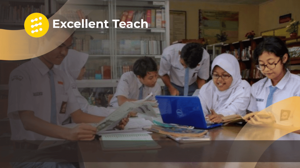 Sekelompok siswa SMA berseragam putih abu-abu belajar bersama di perpustakaan menggunakan buku dan laptop untuk mendukung kegiatan pembelajaran digital.