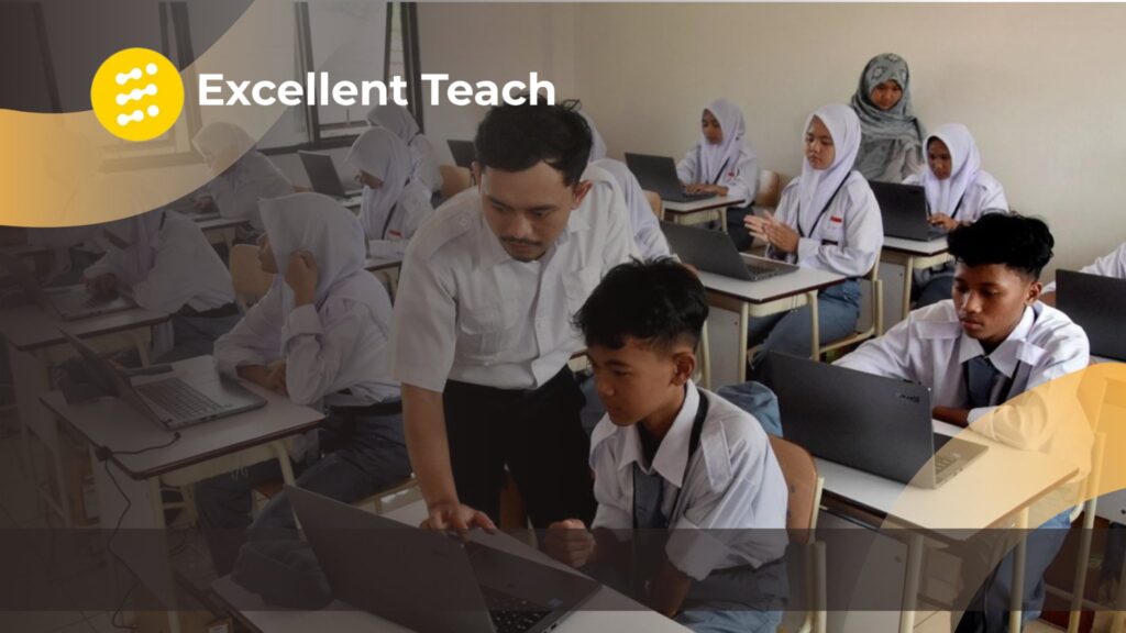 Guru mendampingi siswa SMA menggunakan laptop dalam kegiatan pembelajaran berbasis teknologi digital.