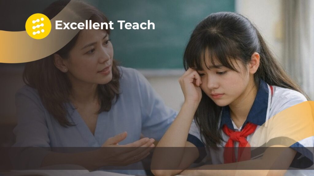 Guru mendampingi siswi yang sedang mengalami masalah emosional di lingkungan sekolah.
