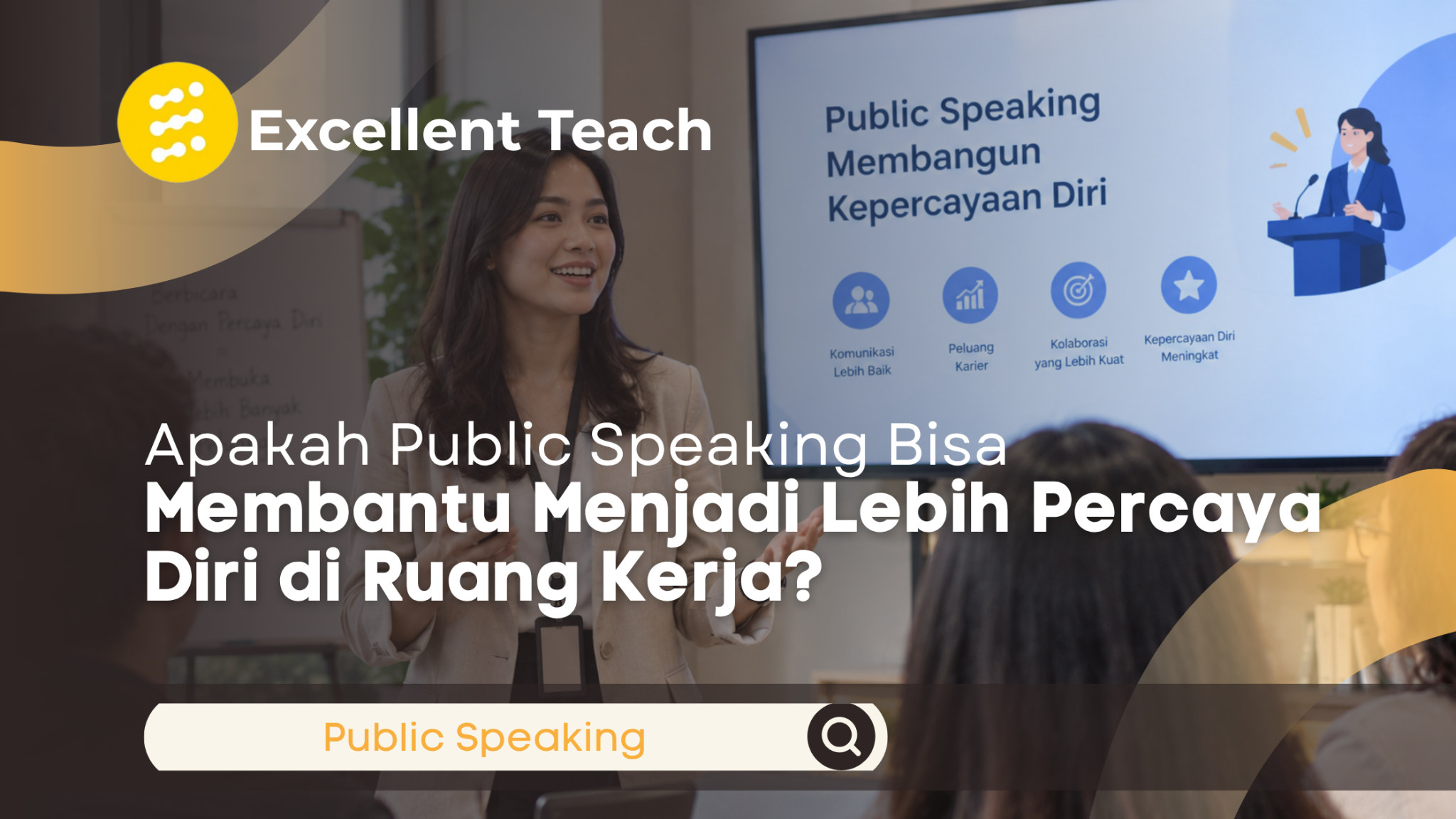 Perempuan profesional melakukan presentasi public speaking di depan rekan kerja untuk meningkatkan kepercayaan diri dan kemampuan komunikasi di ruang kerja.