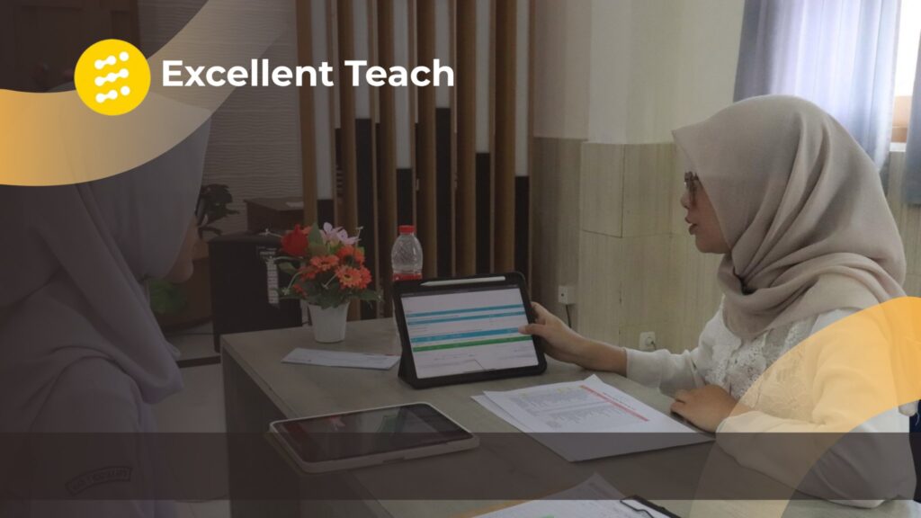 Dua perempuan berhijab berdiskusi sambil meninjau data pendidikan melalui tablet dan dokumen di meja.